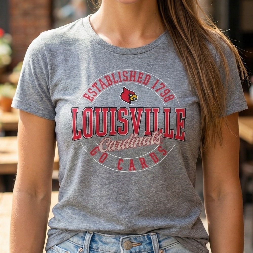 Captivating Louisville Cardinals Womens Heather‎ Grey Graphic T-Shirt NCAA NEW